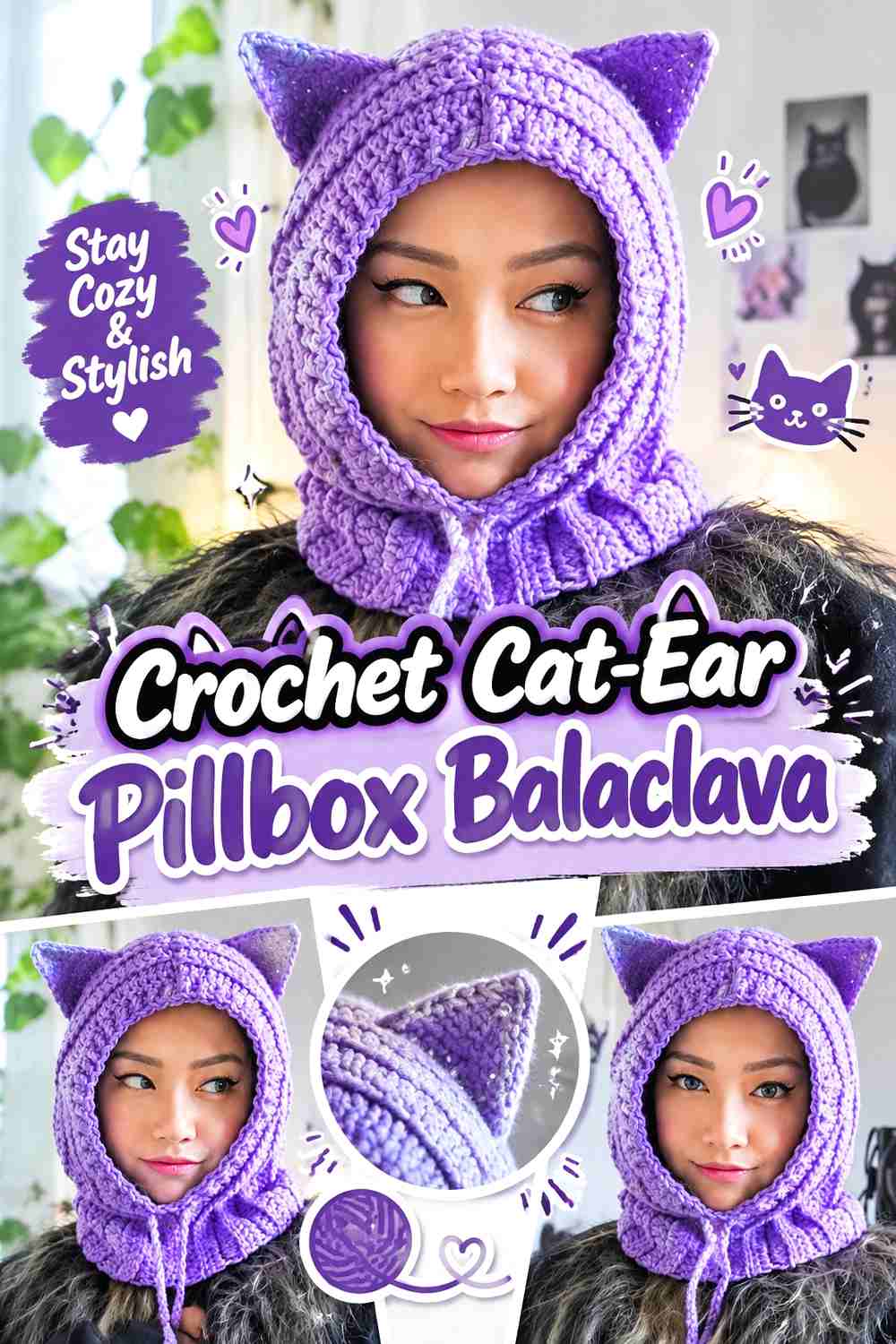 5. Crochet Cat-Ear Pillbox Balaclava
