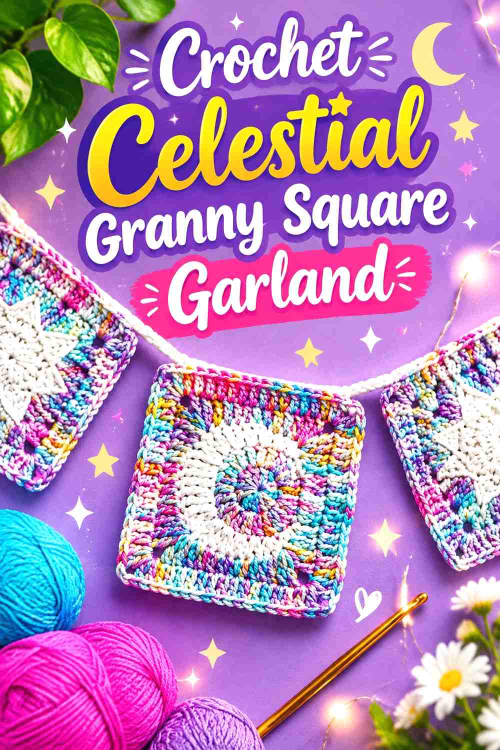14. Crochet Celestial Granny Square Garland