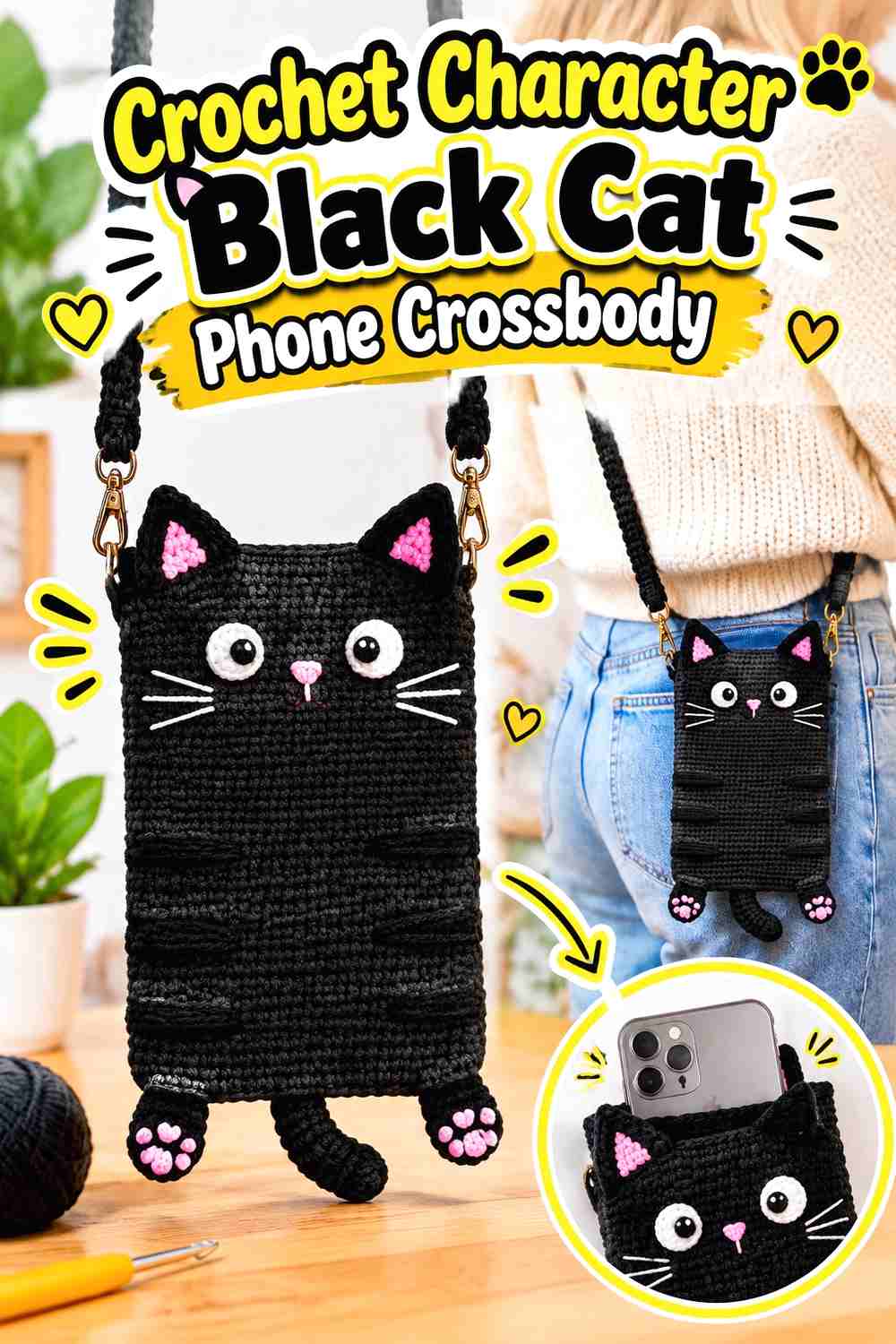 16. Crochet Character Black Cat Phone Crossbody