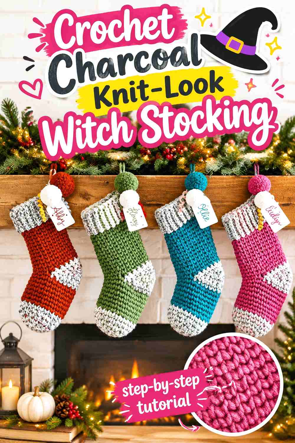 6. Crochet Charcoal Knit-Look Witch Stocking