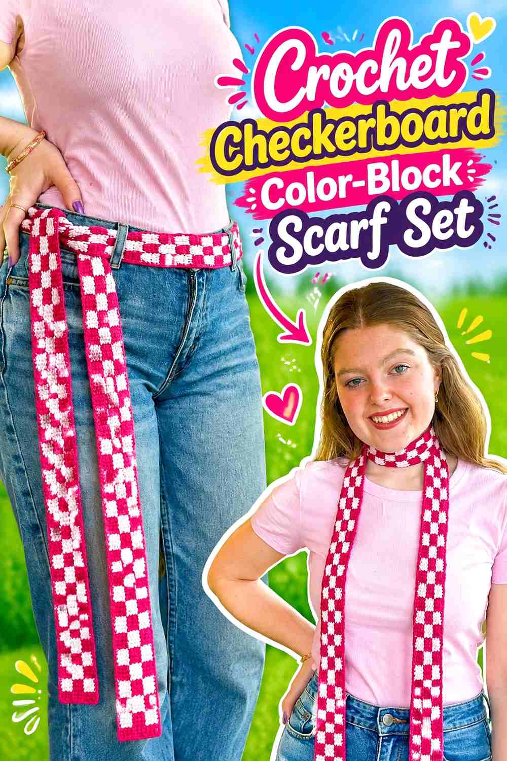 14. Crochet Checkerboard Color-Block Scarf Set