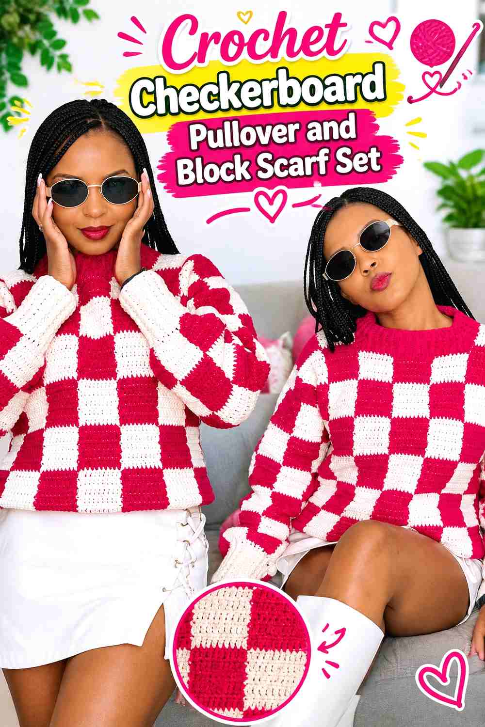 5. Crochet Checkerboard Pullover and Block Scarf Set