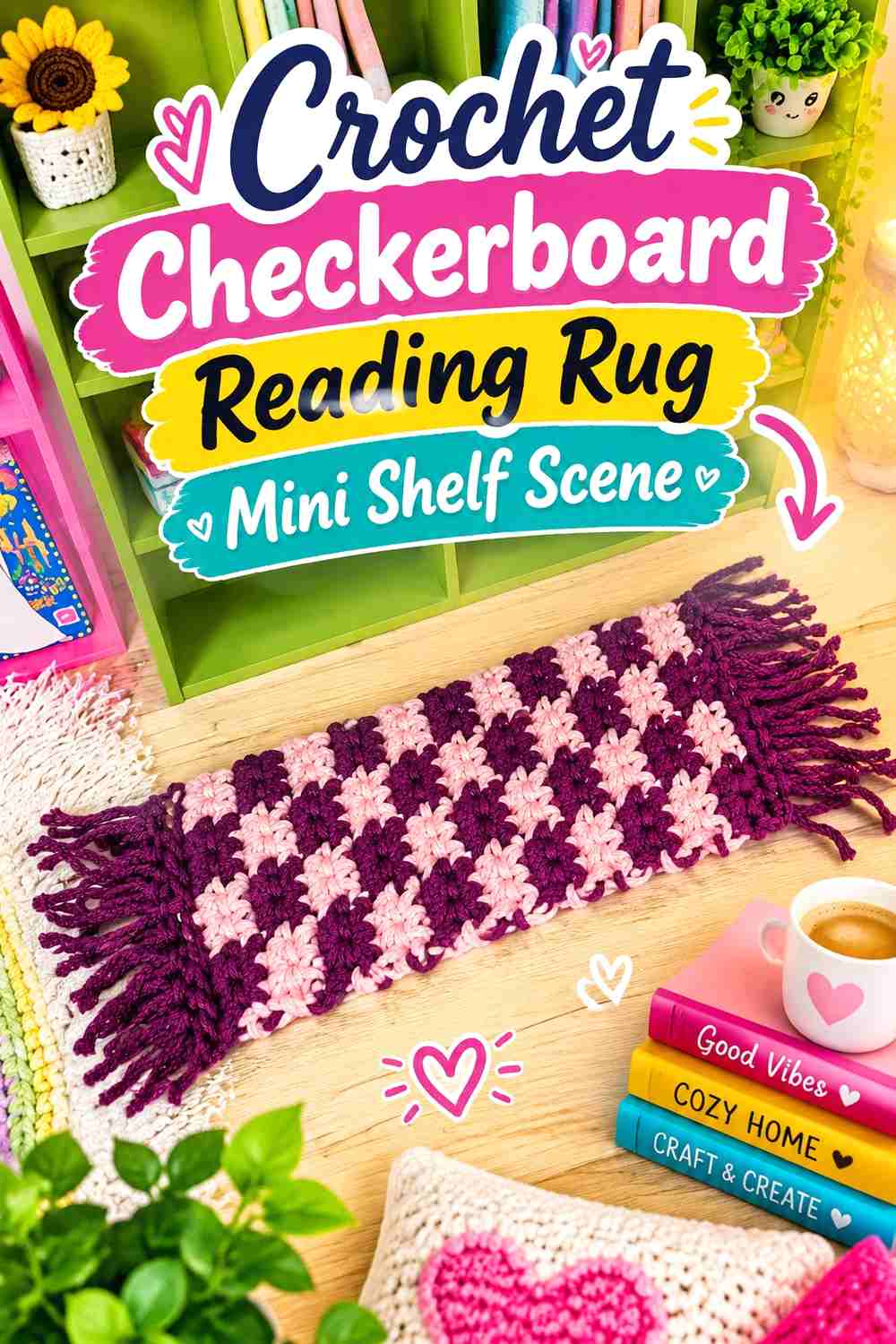 3. Crochet Checkerboard Reading Rug Mini Shelf Scene