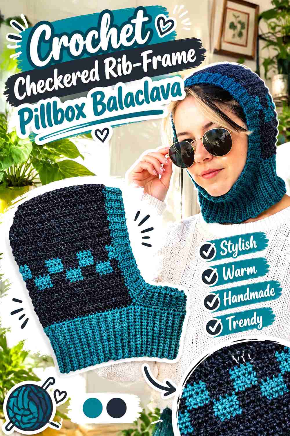 2. Crochet Checkered Rib-Frame Pillbox Balaclava