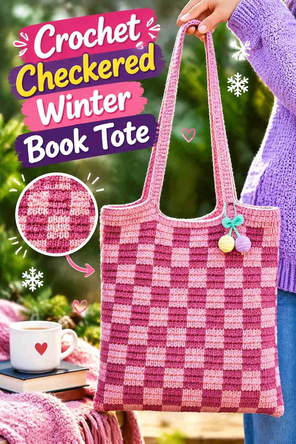 9. Crochet Checkered Winter Book Tote