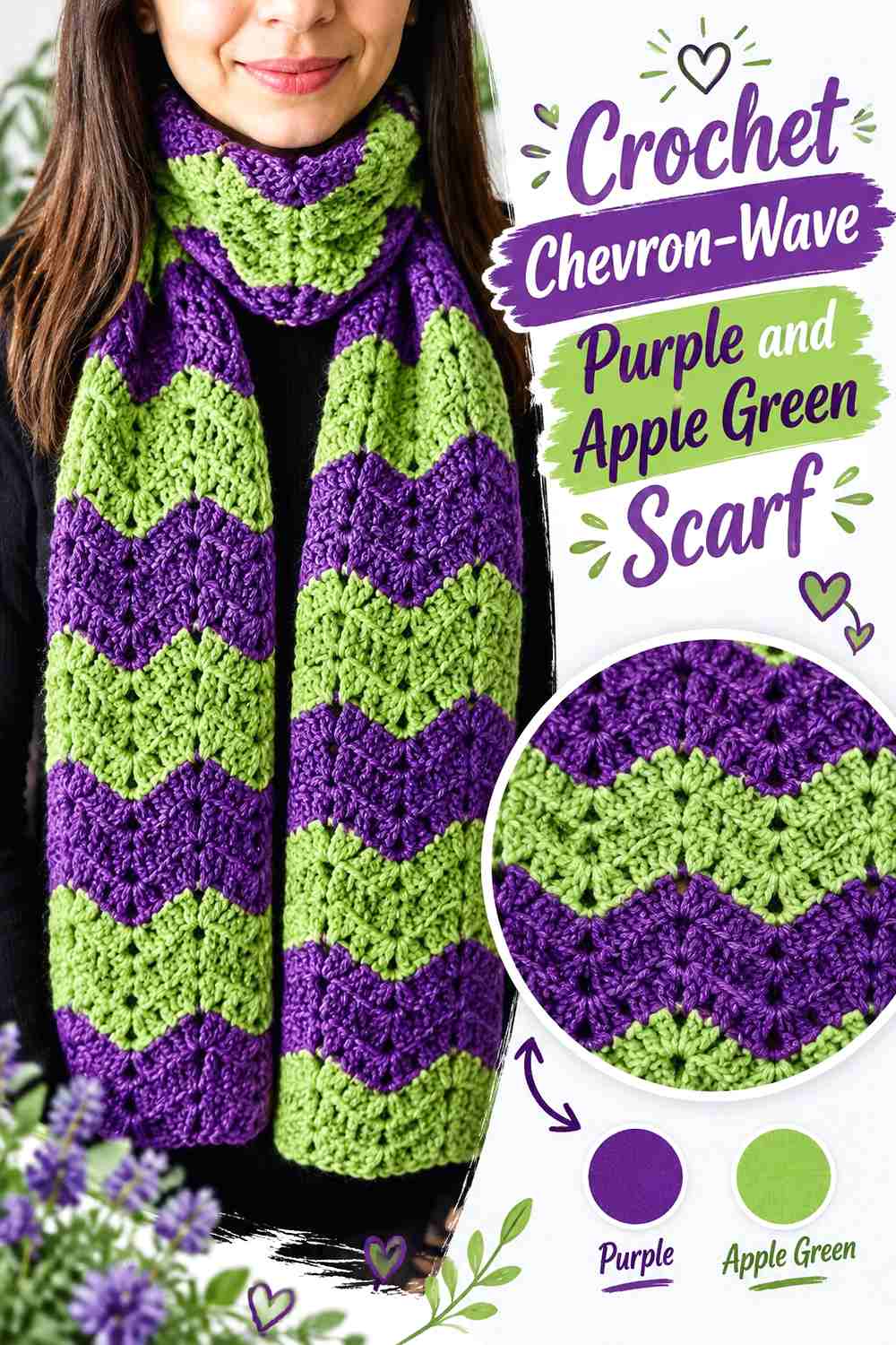 7. Crochet Chevron-Wave Purple and Apple Green Scarf