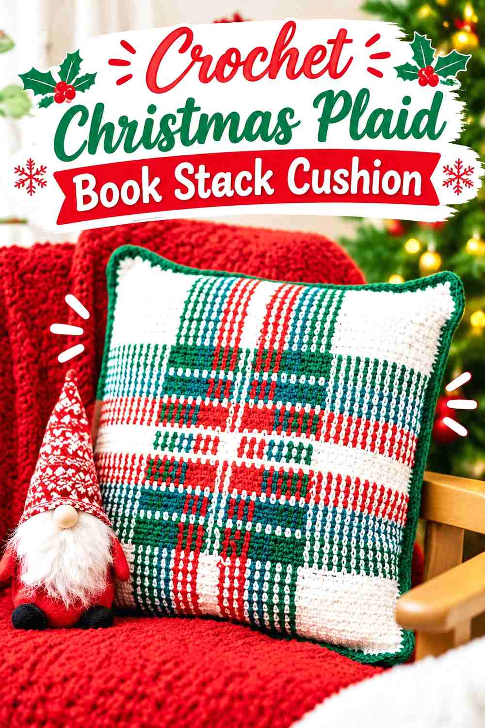 9. Crochet Christmas Plaid Book Stack Cushion
