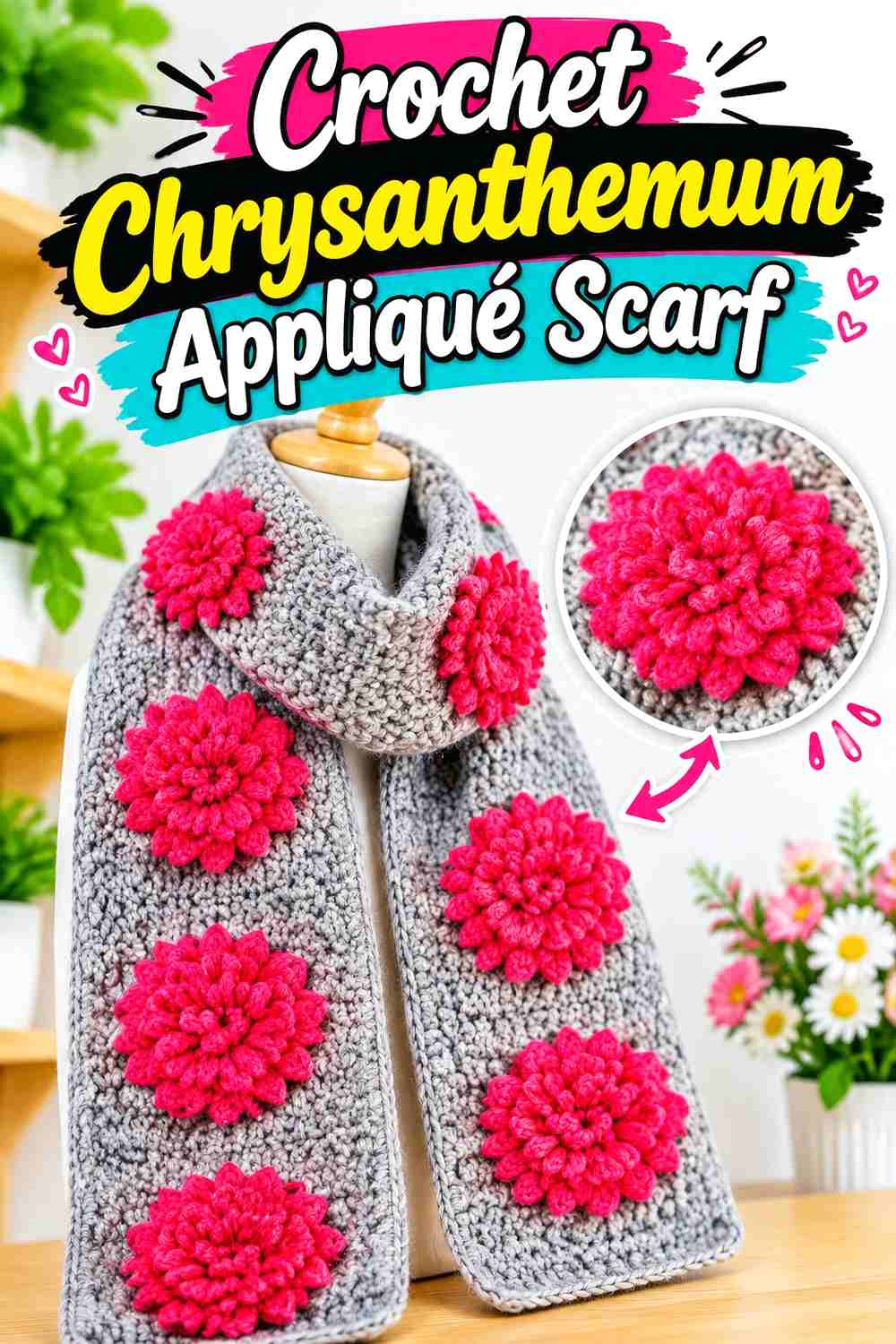 11. Crochet Chrysanthemum Appliqué Scarf