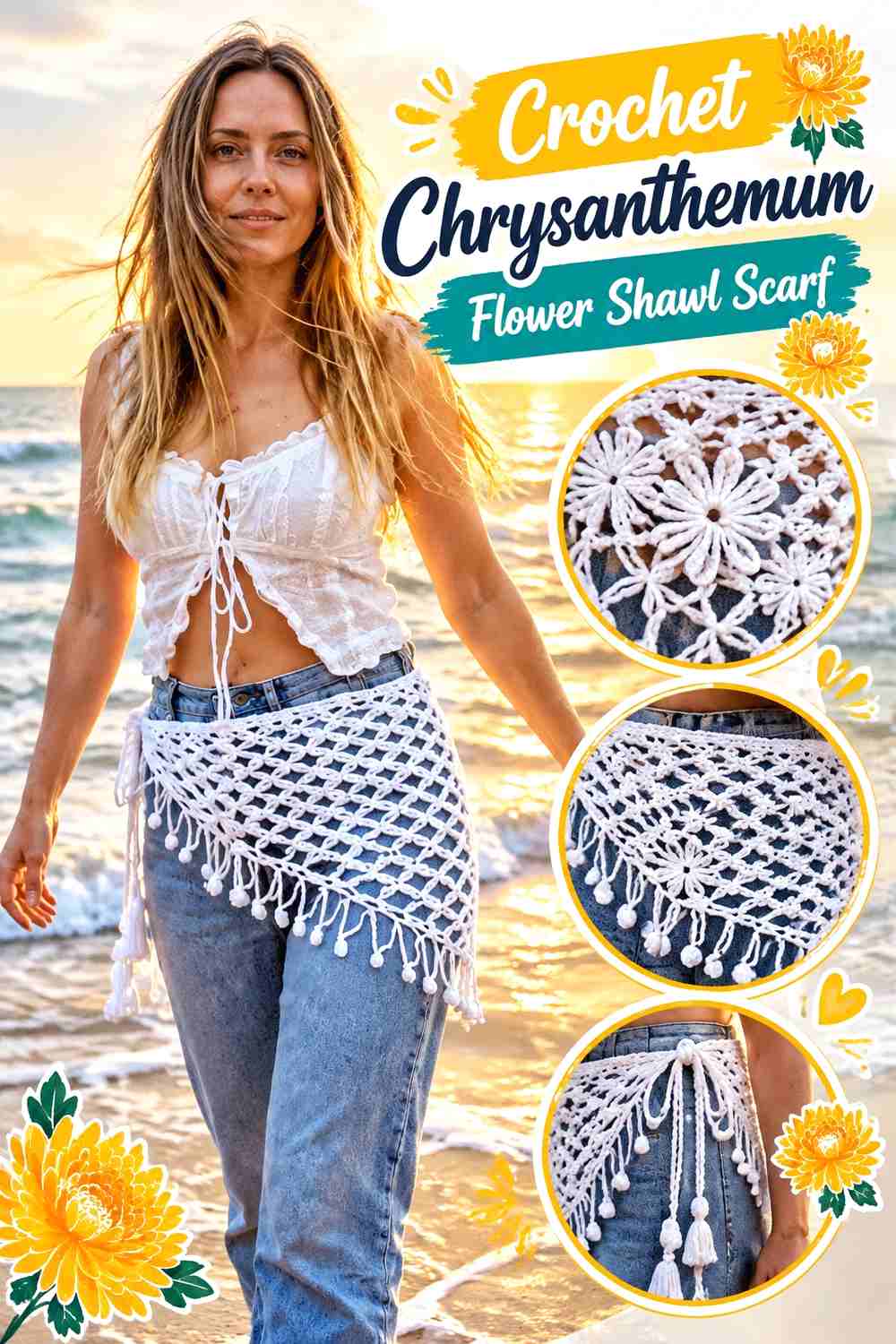 15. Crochet Chrysanthemum Flower Shawl Scarf