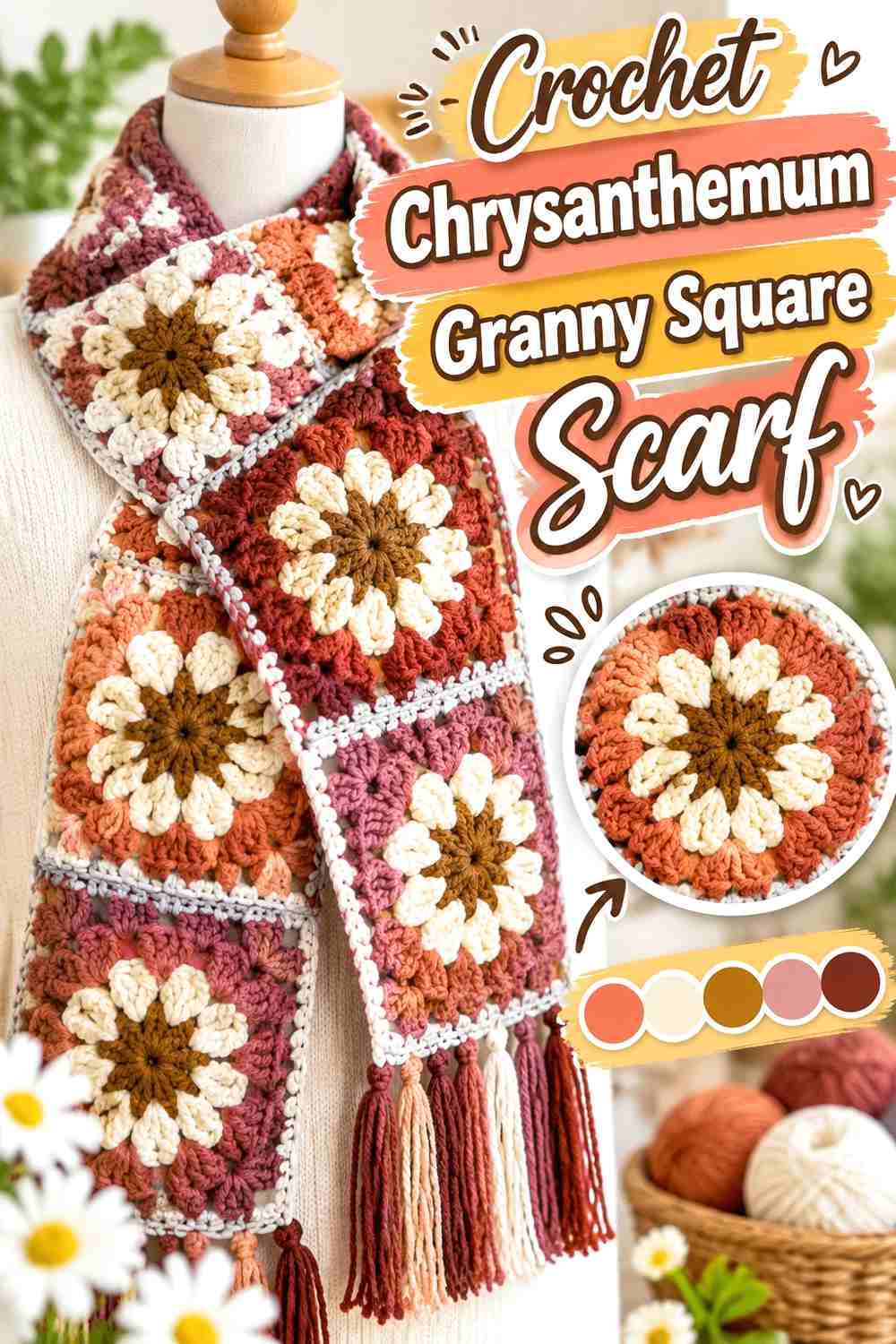 7. Crochet Chrysanthemum Granny Square Scarf