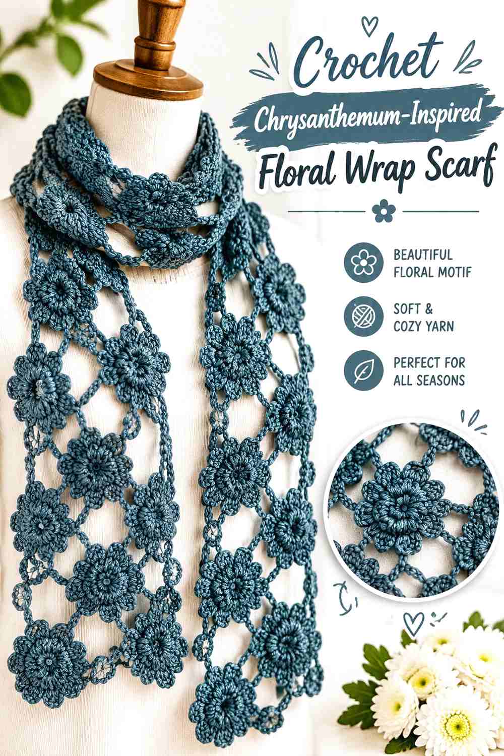 13. Crochet Chrysanthemum-Inspired Floral Wrap Scarf