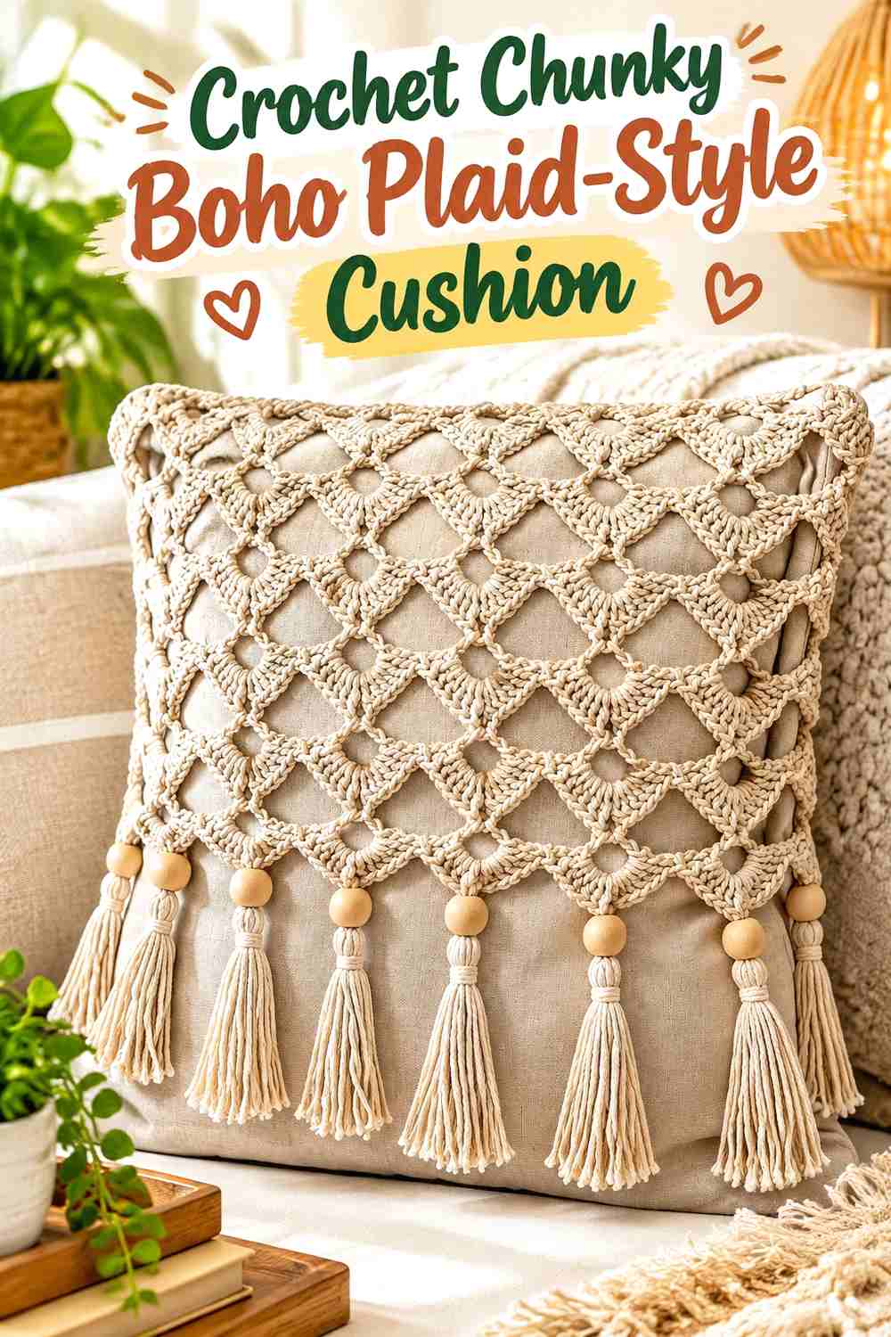 17. Crochet Chunky Boho Plaid-Style Cushion