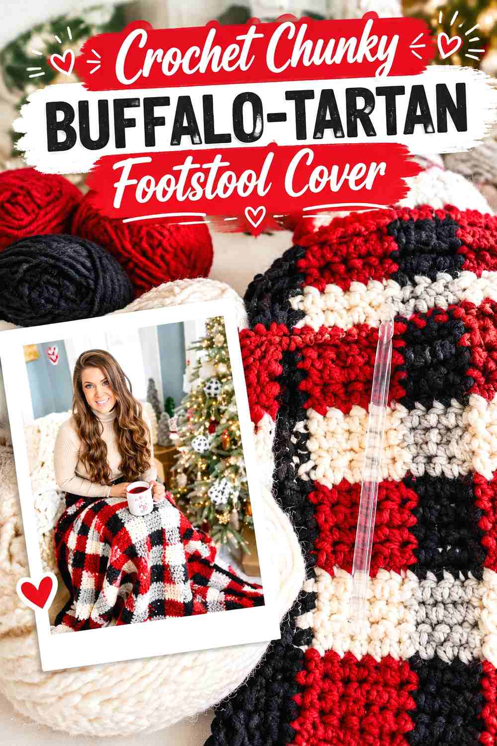 9. Crochet Chunky Buffalo-Tartan Footstool Cover