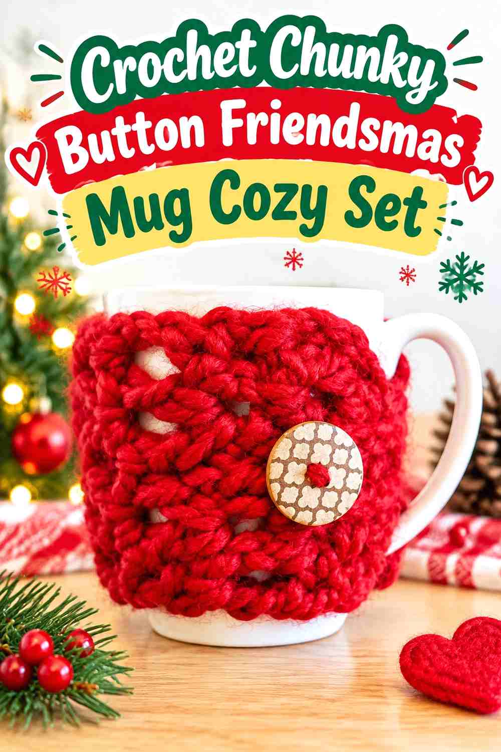 13. Crochet Chunky Button Friendsmas Mug Cozy Set