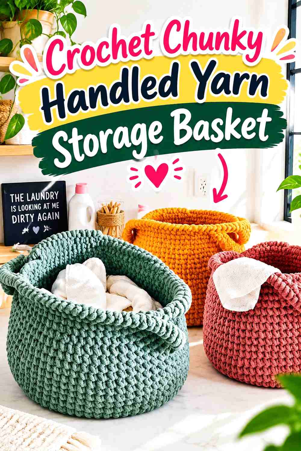 5. Crochet Chunky Handled Yarn Storage Basket