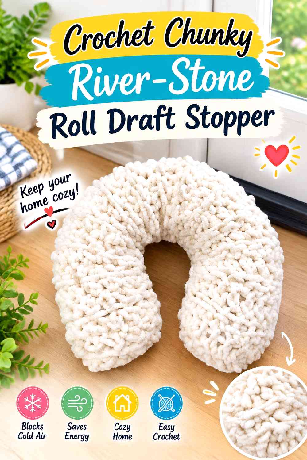 8. Crochet Chunky River-Stone Roll Draft Stopper