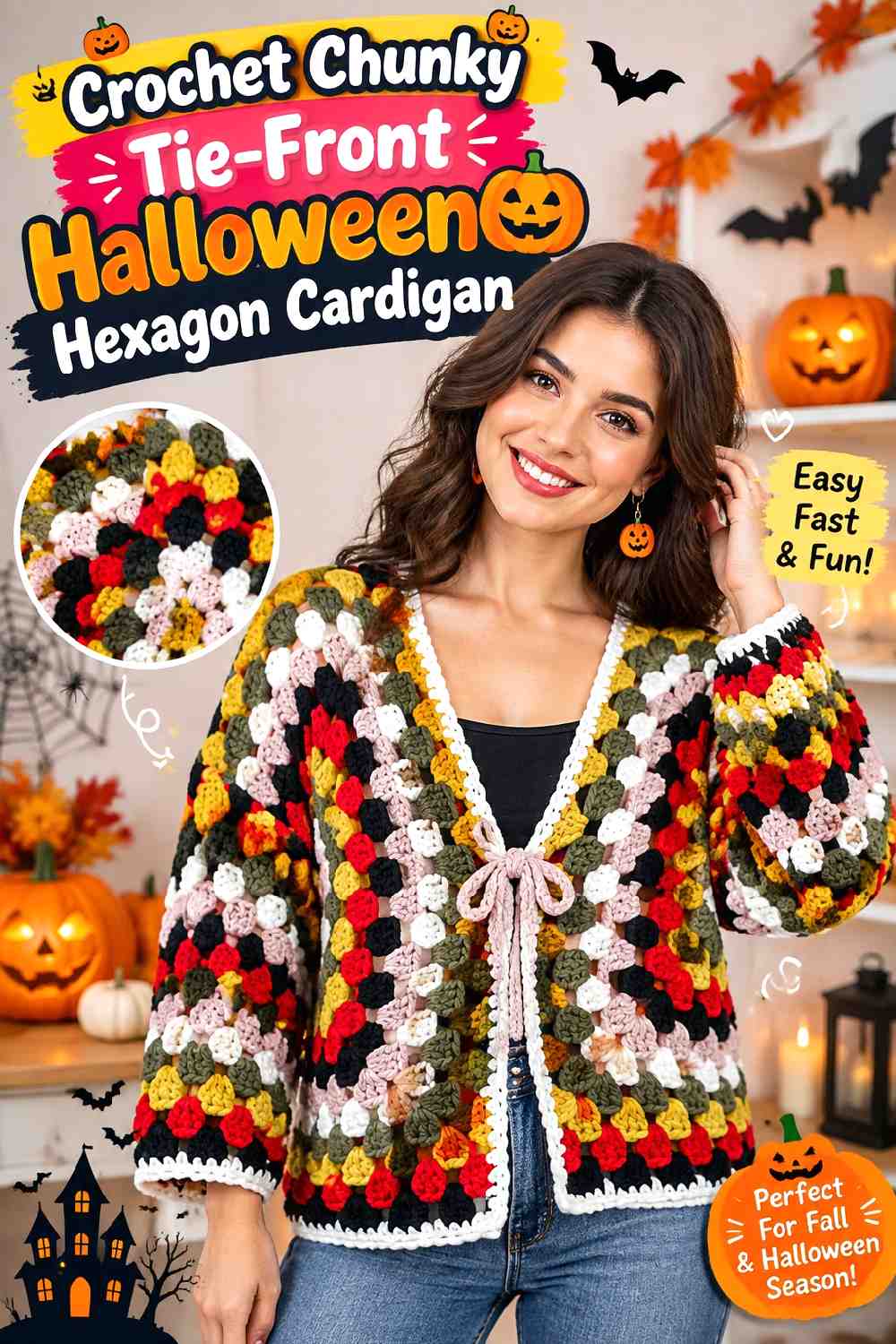 Crochet Chunky Tie Front Halloween Hexagon Cardigan