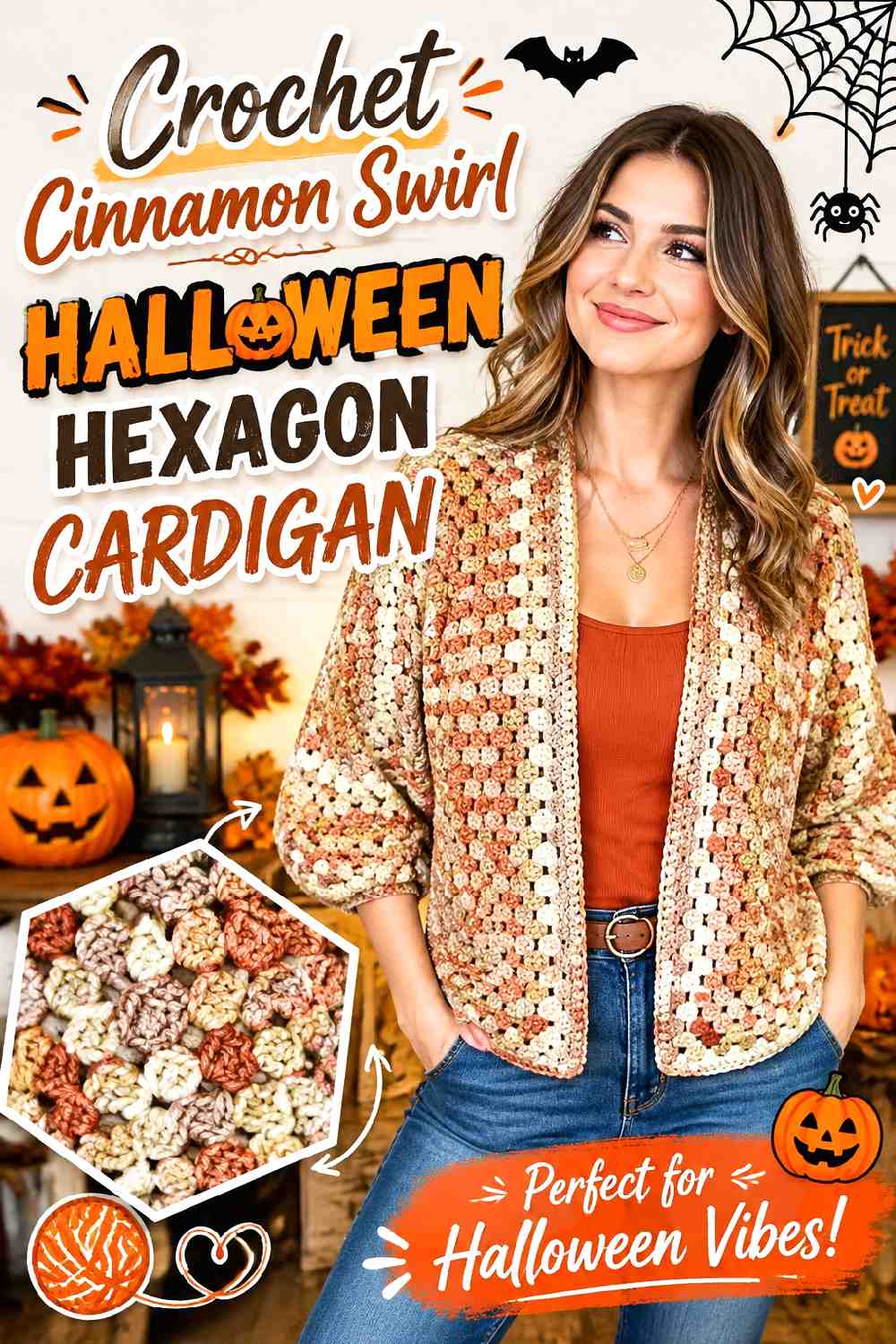 Crochet Cinnamon Swirl Halloween Hexagon Cardigan
