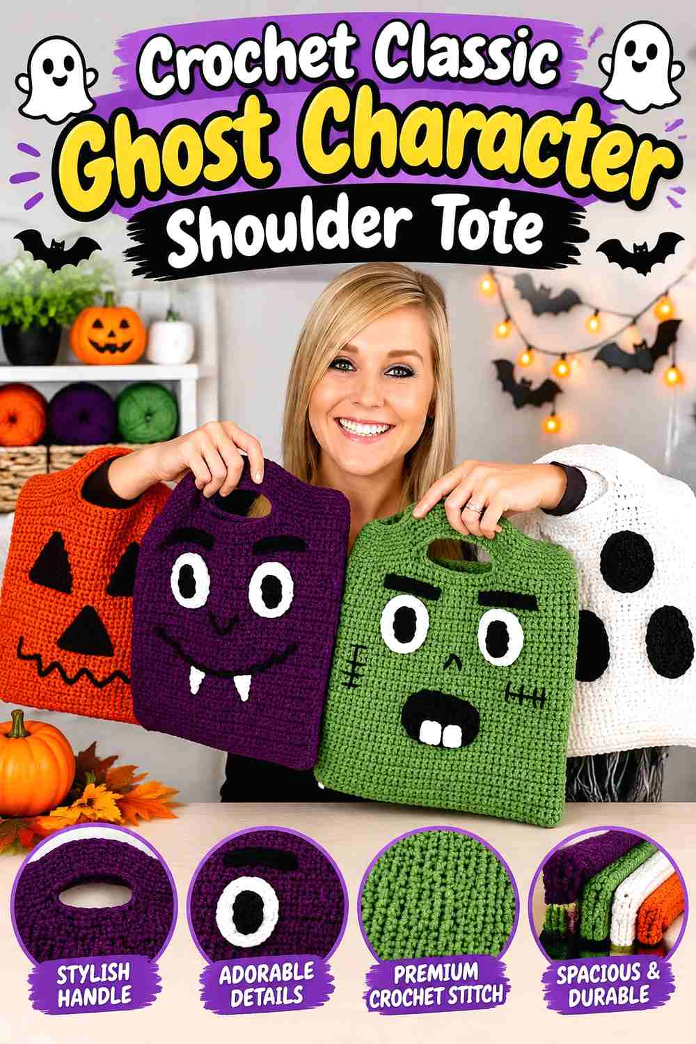 15. Crochet Classic Ghost Character Shoulder Tote