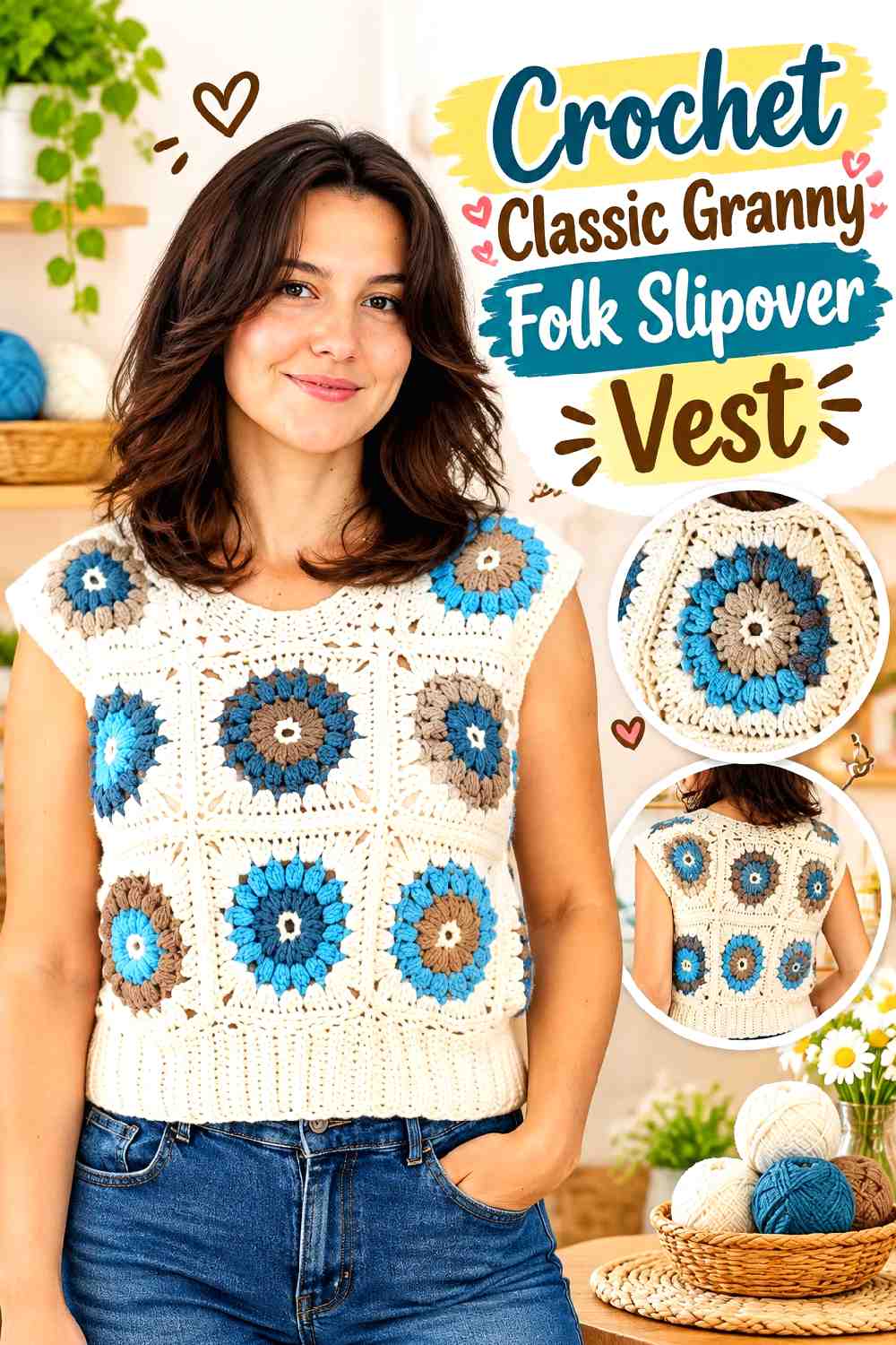 4. Crochet Classic Granny Folk Slipover Vest
