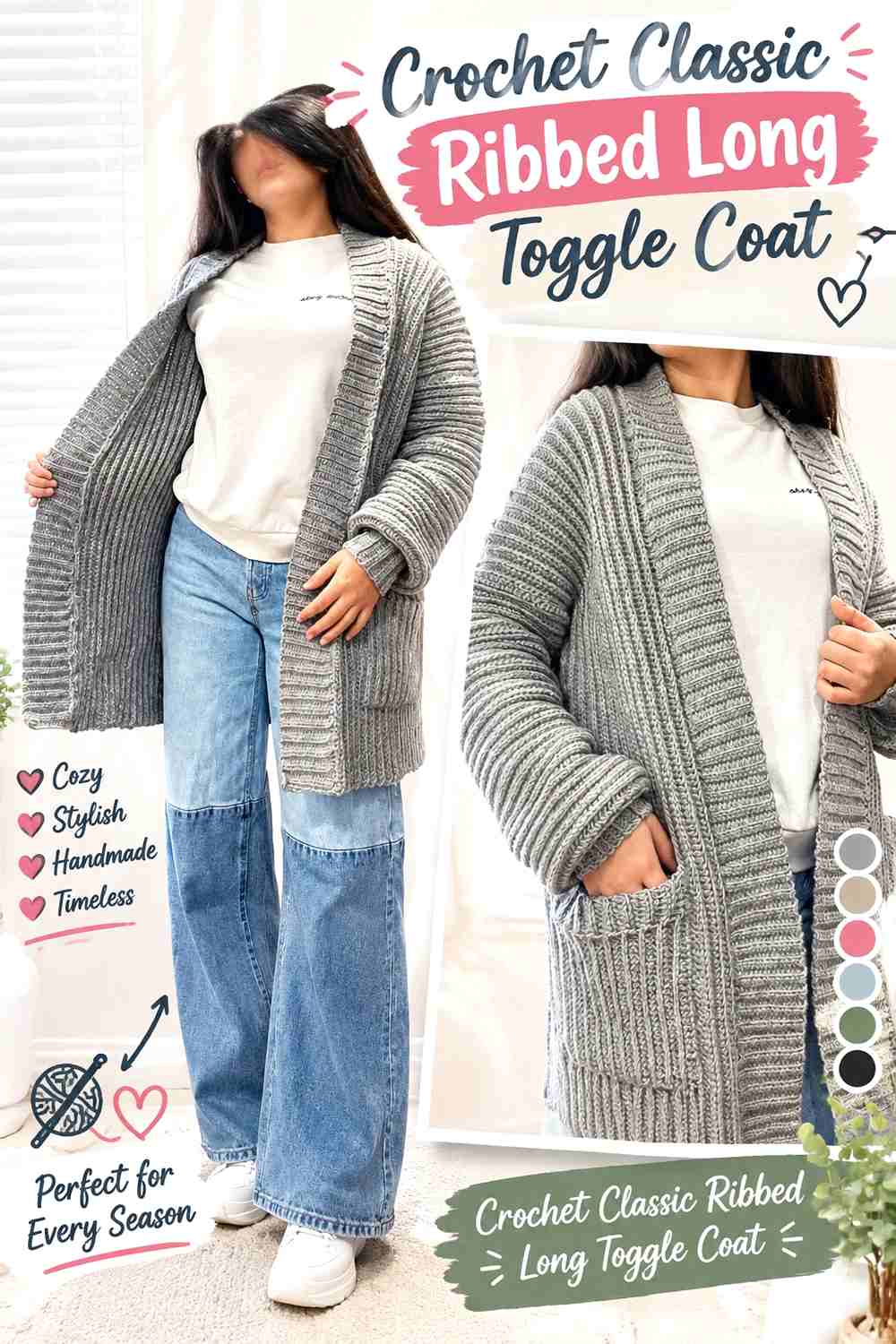 18. Crochet Classic Ribbed Long Toggle Coat