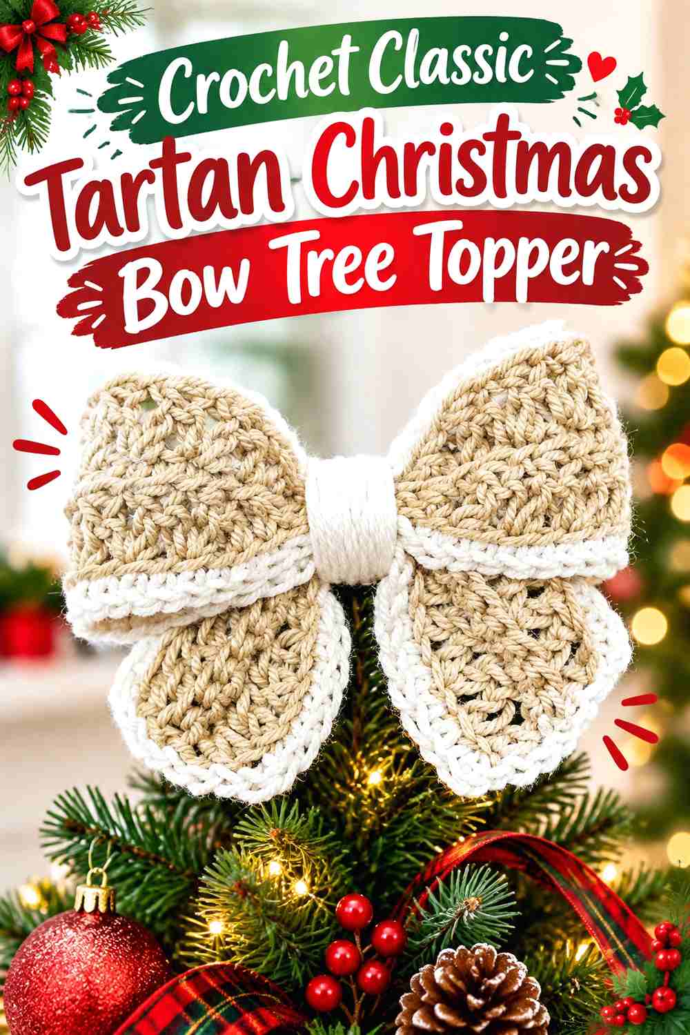 1. Crochet Classic Tartan Christmas Bow Tree Topper