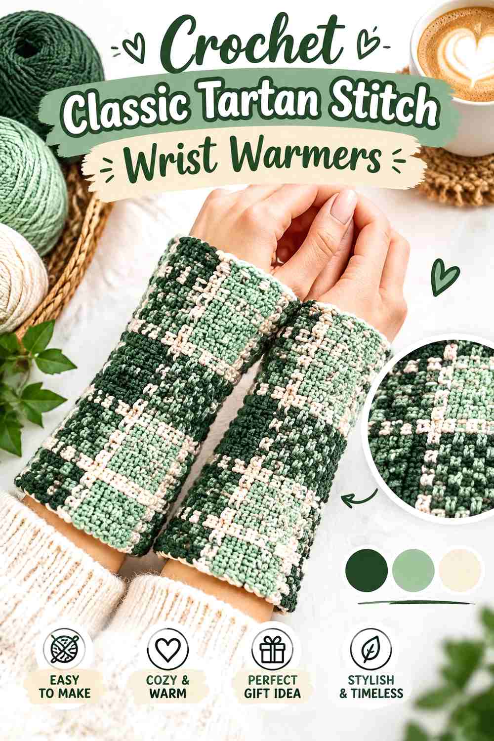 4. Crochet Classic Tartan Stitch Wrist Warmers