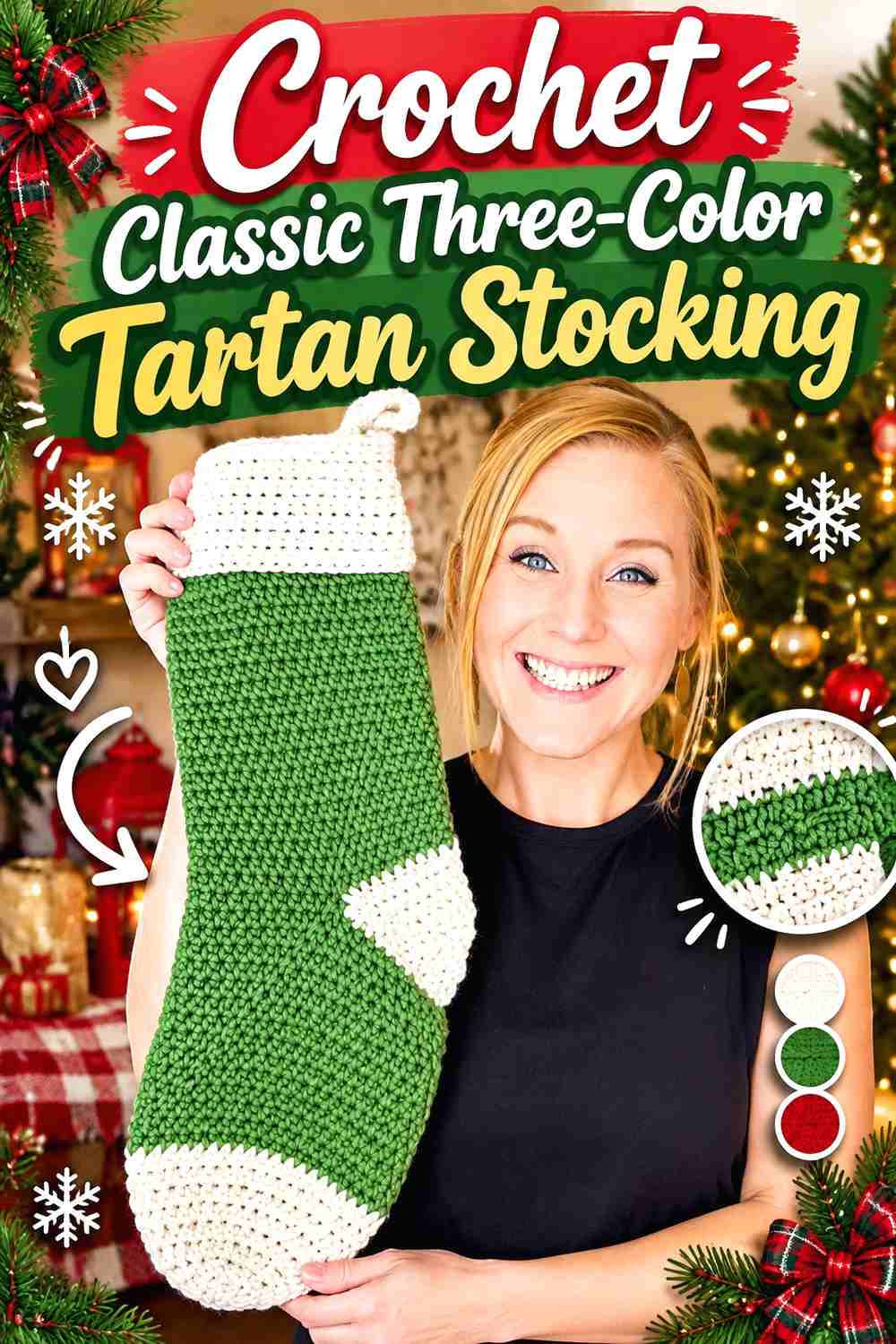 16. Crochet Classic Three-Color Tartan Stocking
