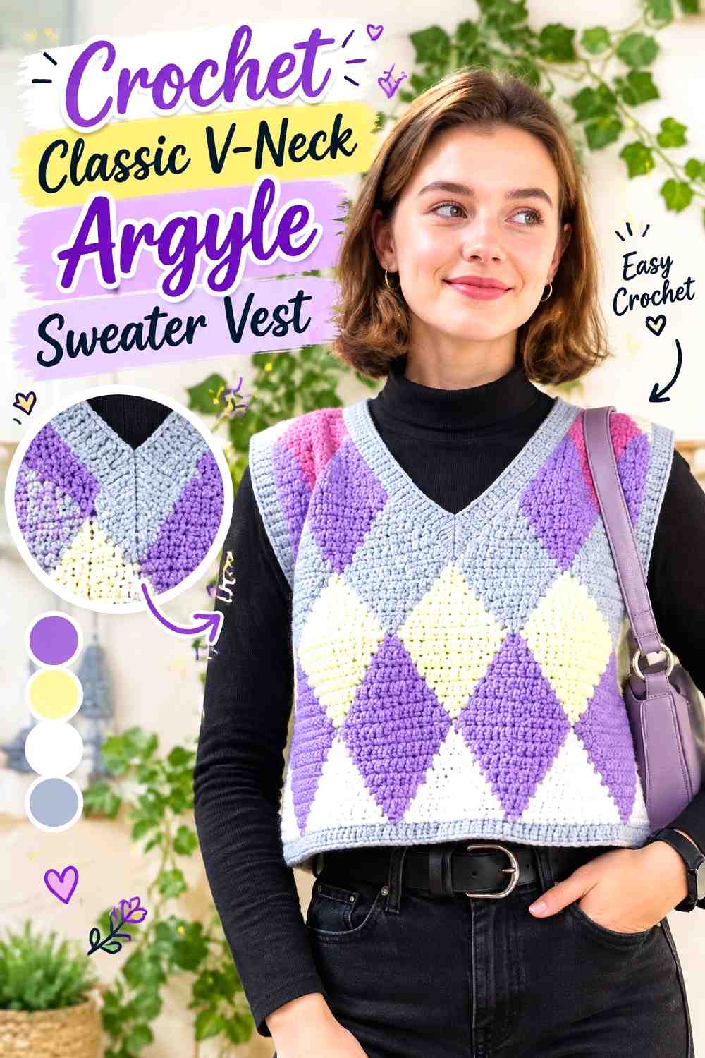 1. Crochet Classic V Neck Argyle Sweater Vest