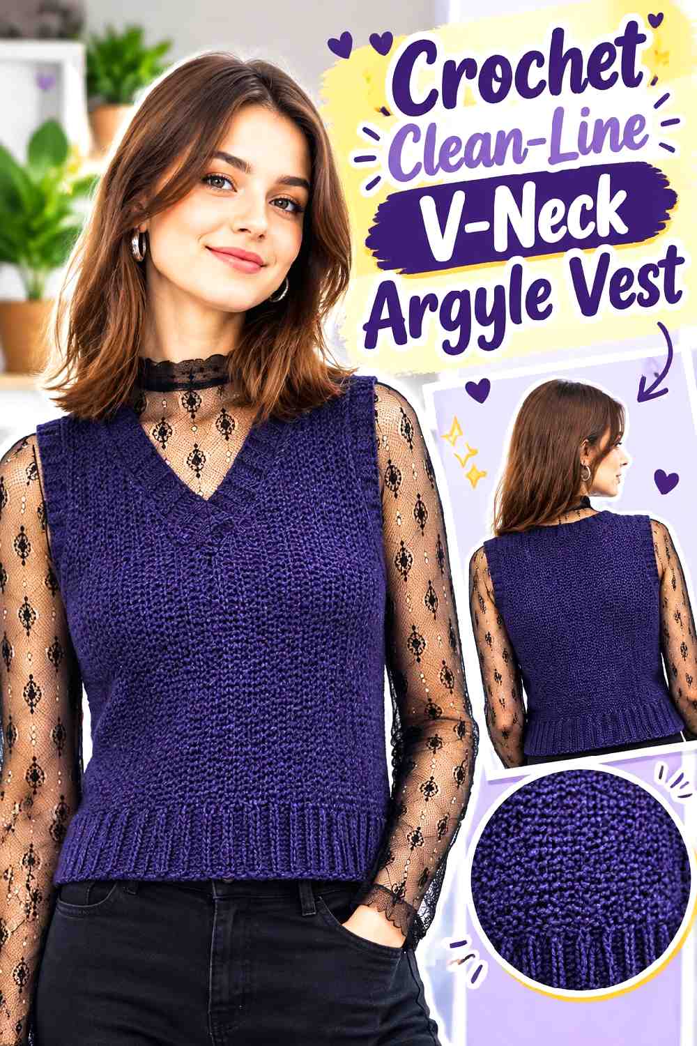 9. Crochet Clean Line V Neck Argyle Vest