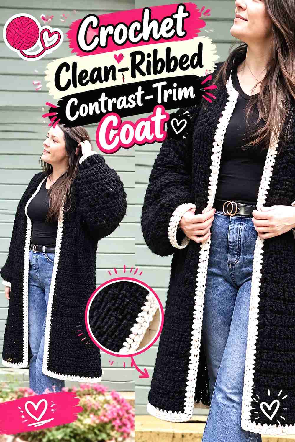 12. Crochet Clean-Ribbed Contrast-Trim Coat