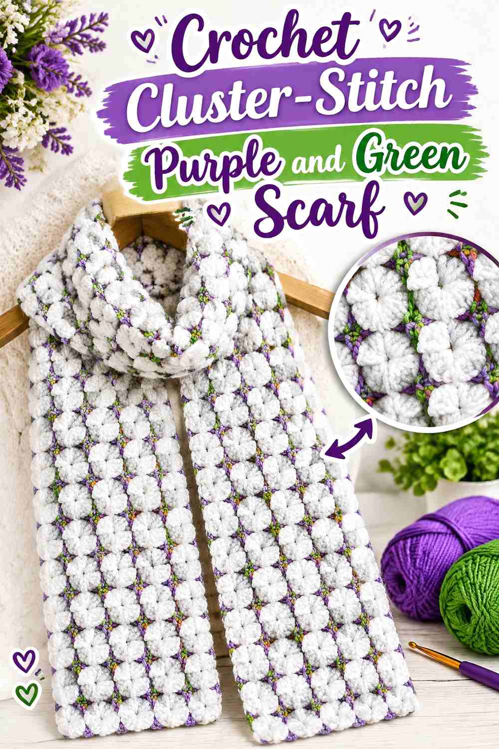 19. Crochet Cluster-Stitch Purple and Green Scarf