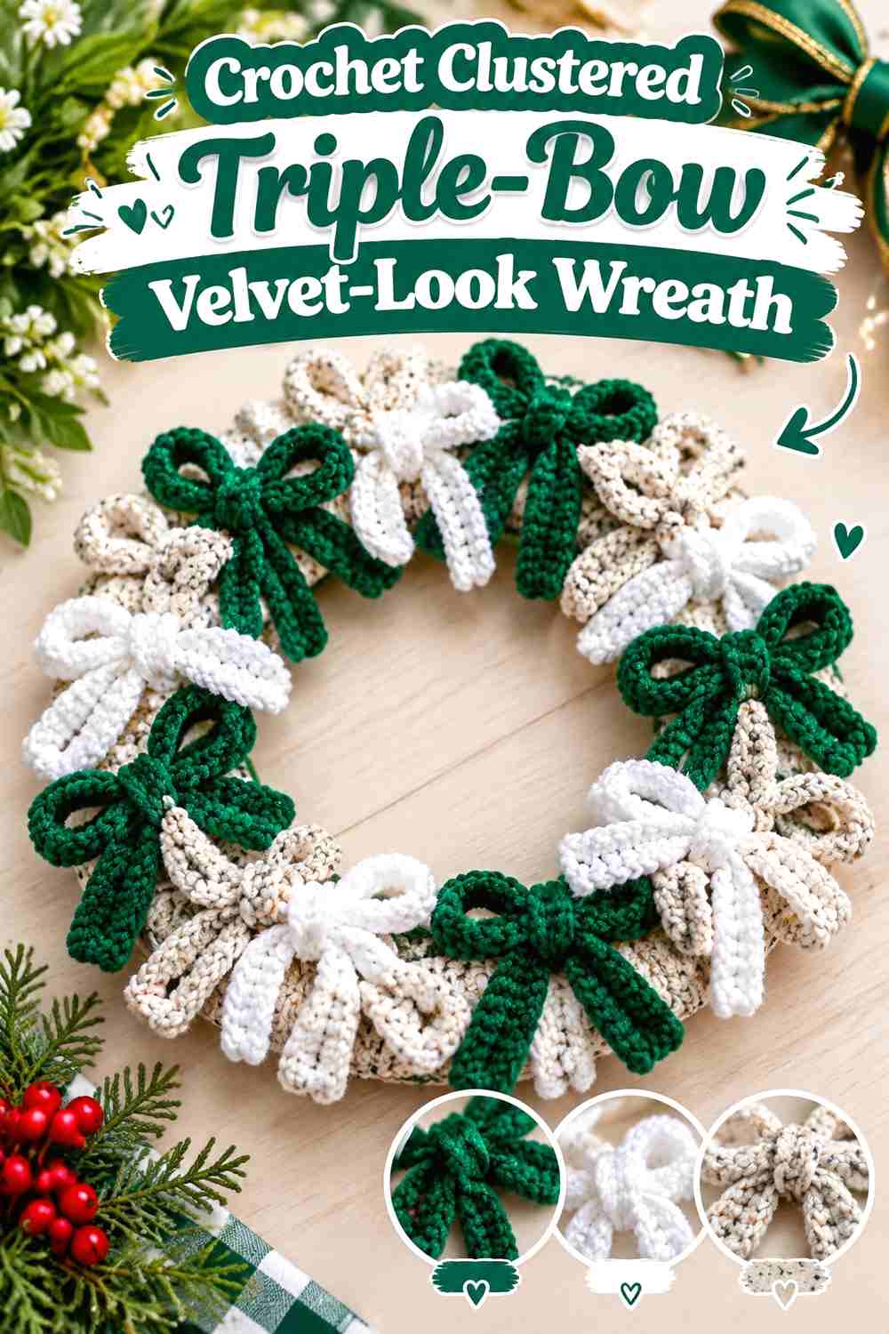 5. Crochet Clustered Triple-Bow Velvet-Look Wreath