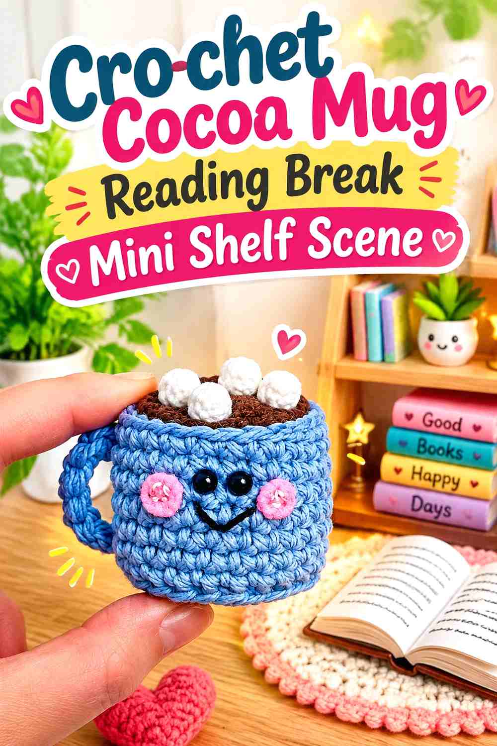6. Crochet Cocoa Mug Reading Break Mini Shelf Scene