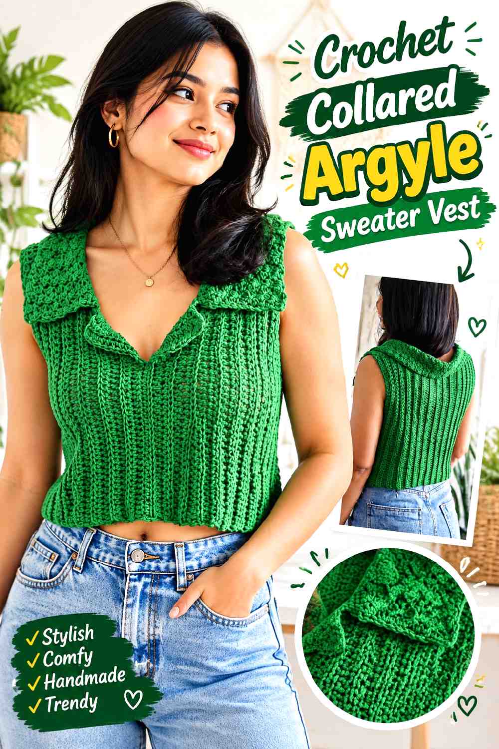 8. Crochet Collared Argyle Sweater Vest