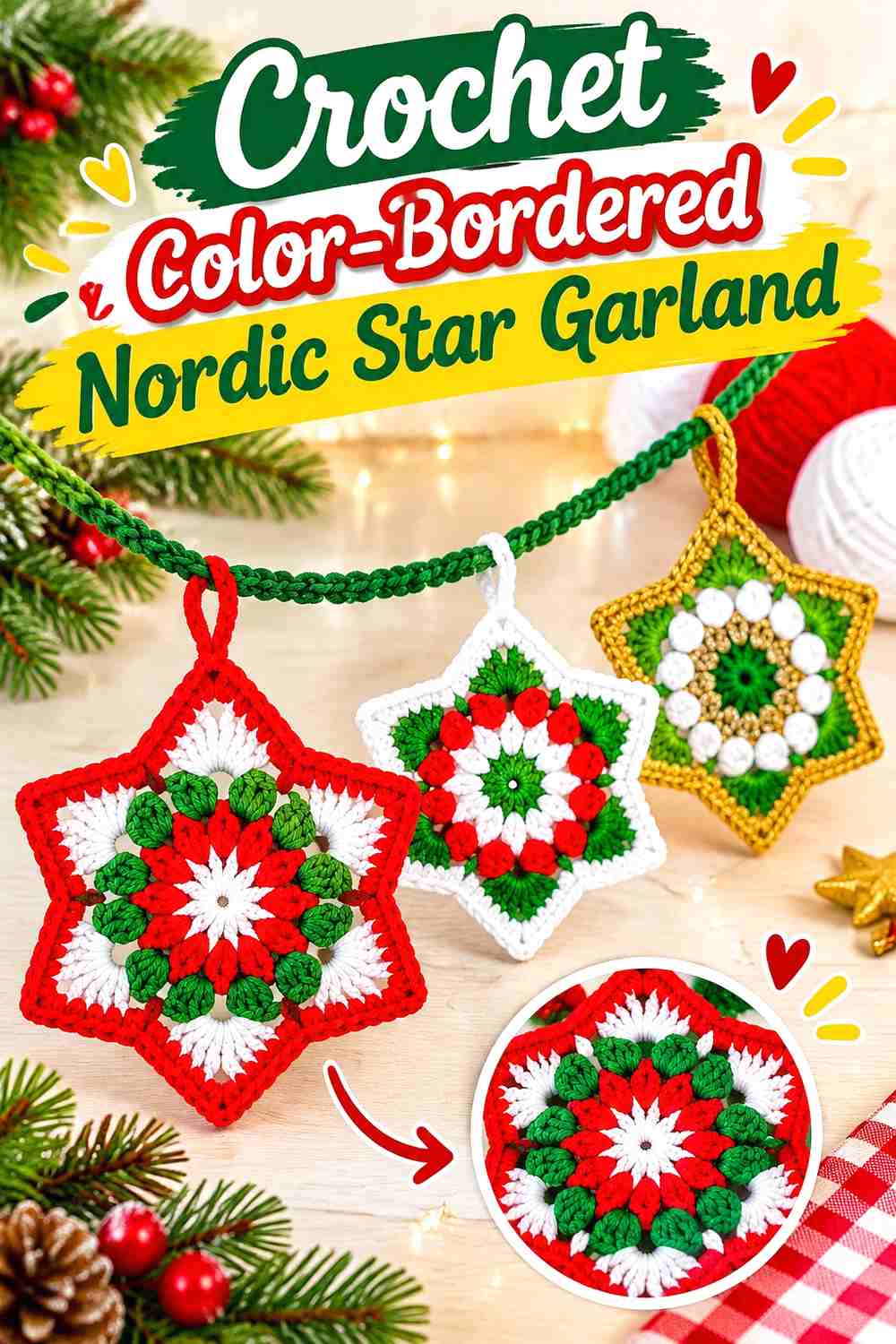 7. Crochet Color-Bordered Nordic Star Garland