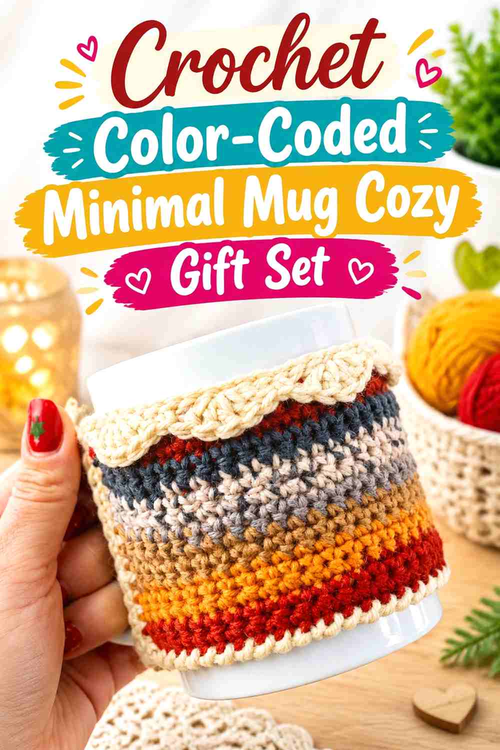 11. Crochet Color-Coded Minimal Mug Cozy Gift Set