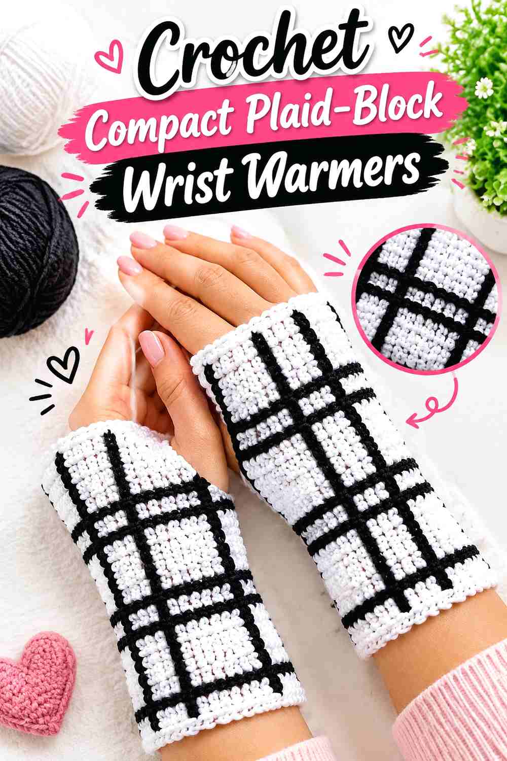 3. Crochet Compact Plaid-Block Wrist Warmers