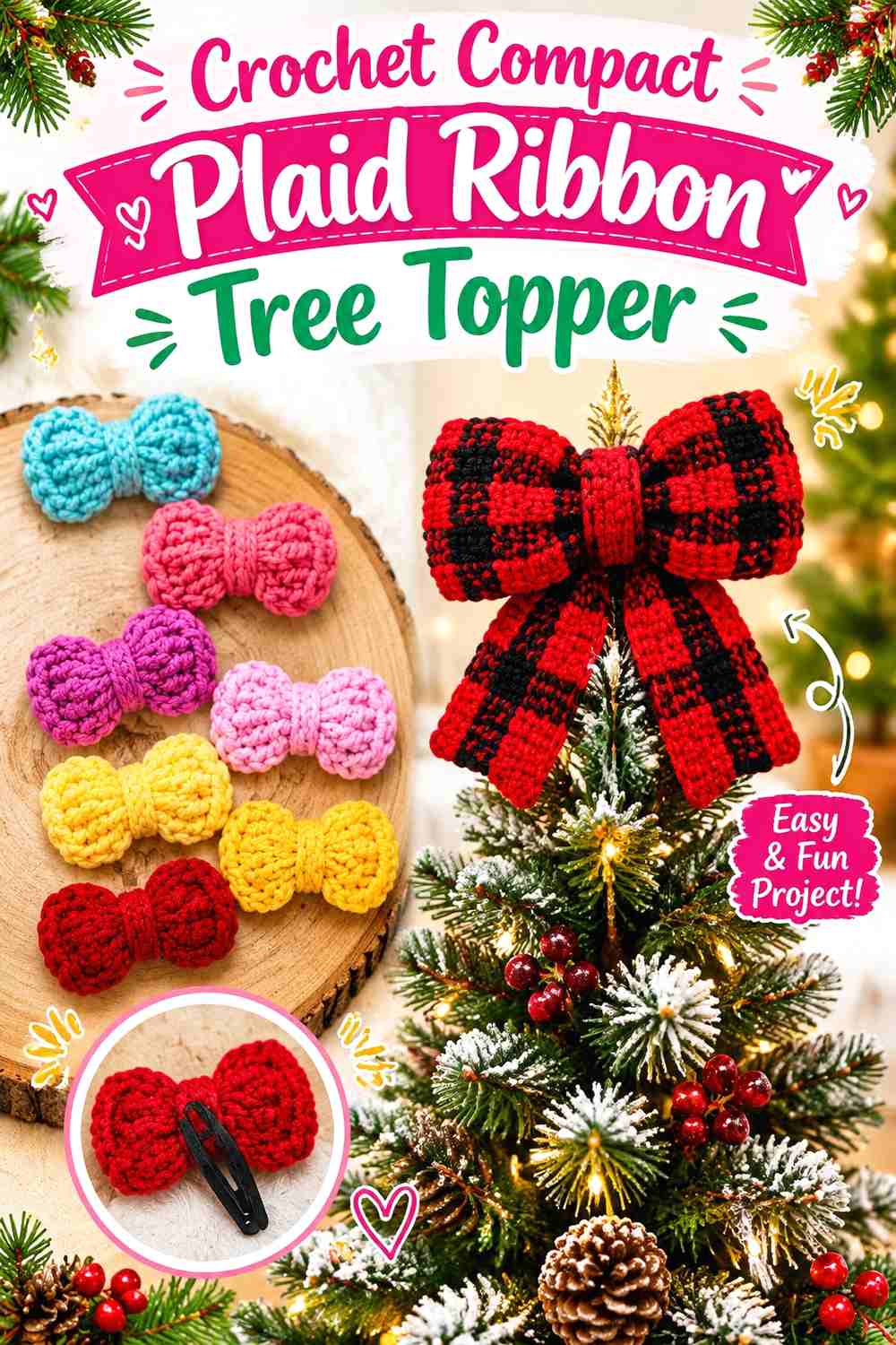11. Crochet Compact Plaid Ribbon Tree Topper