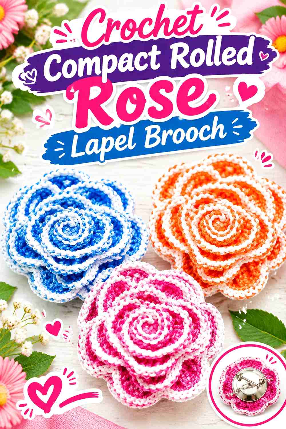 7. Crochet Compact Rolled Rose Lapel Brooch
