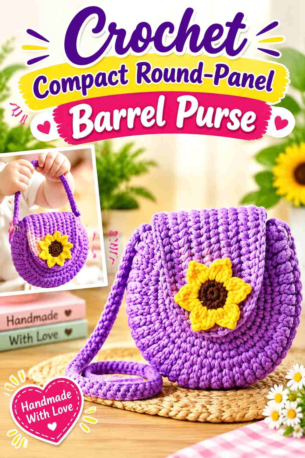 5. Crochet Compact Round-Panel Barrel Purse