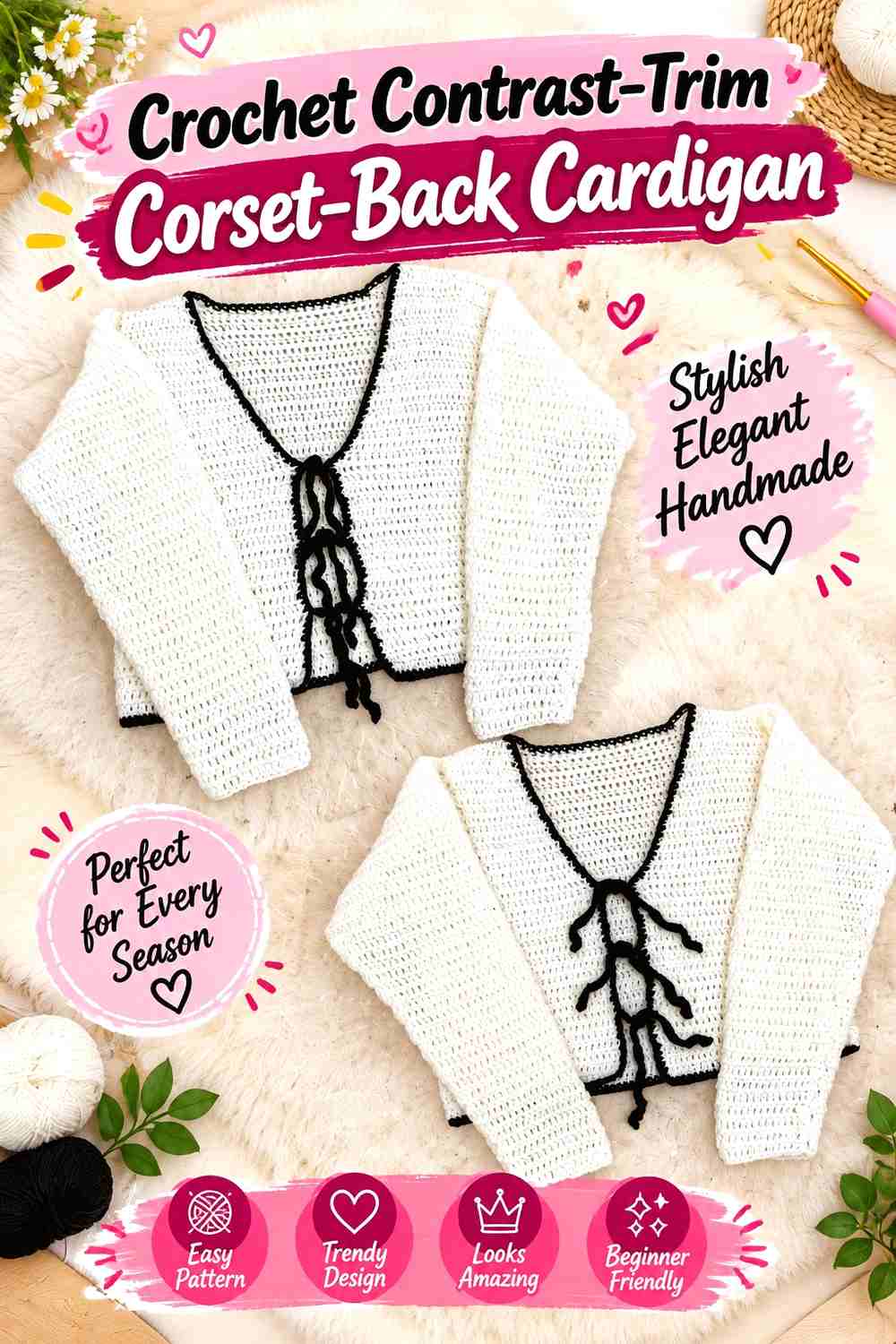 9. Crochet Contrast-Trim Corset-Back Cardigan