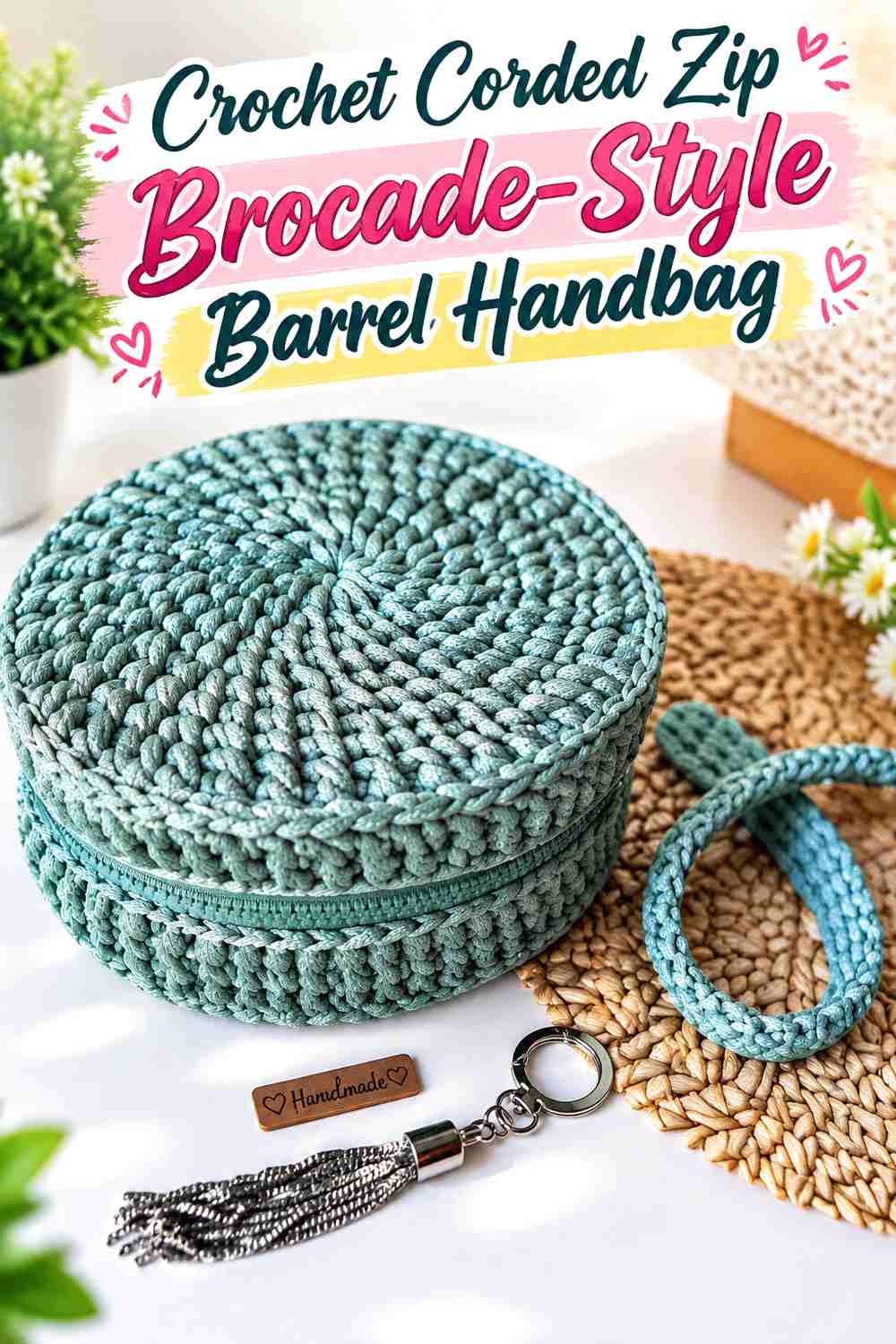 15. Crochet Corded Zip Brocade-Style Barrel Handbag