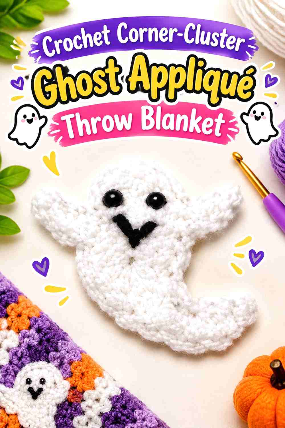 15. Crochet Corner-Cluster Ghost Appliqué Throw Blanket