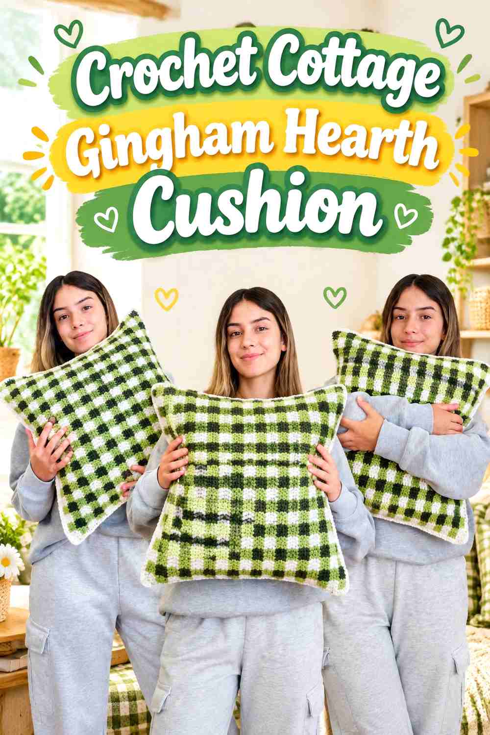 2. Crochet Cottage Gingham Hearth Cushion