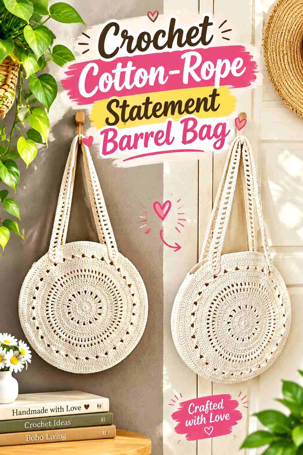 13. Crochet Cotton-Rope Statement Barrel Bag