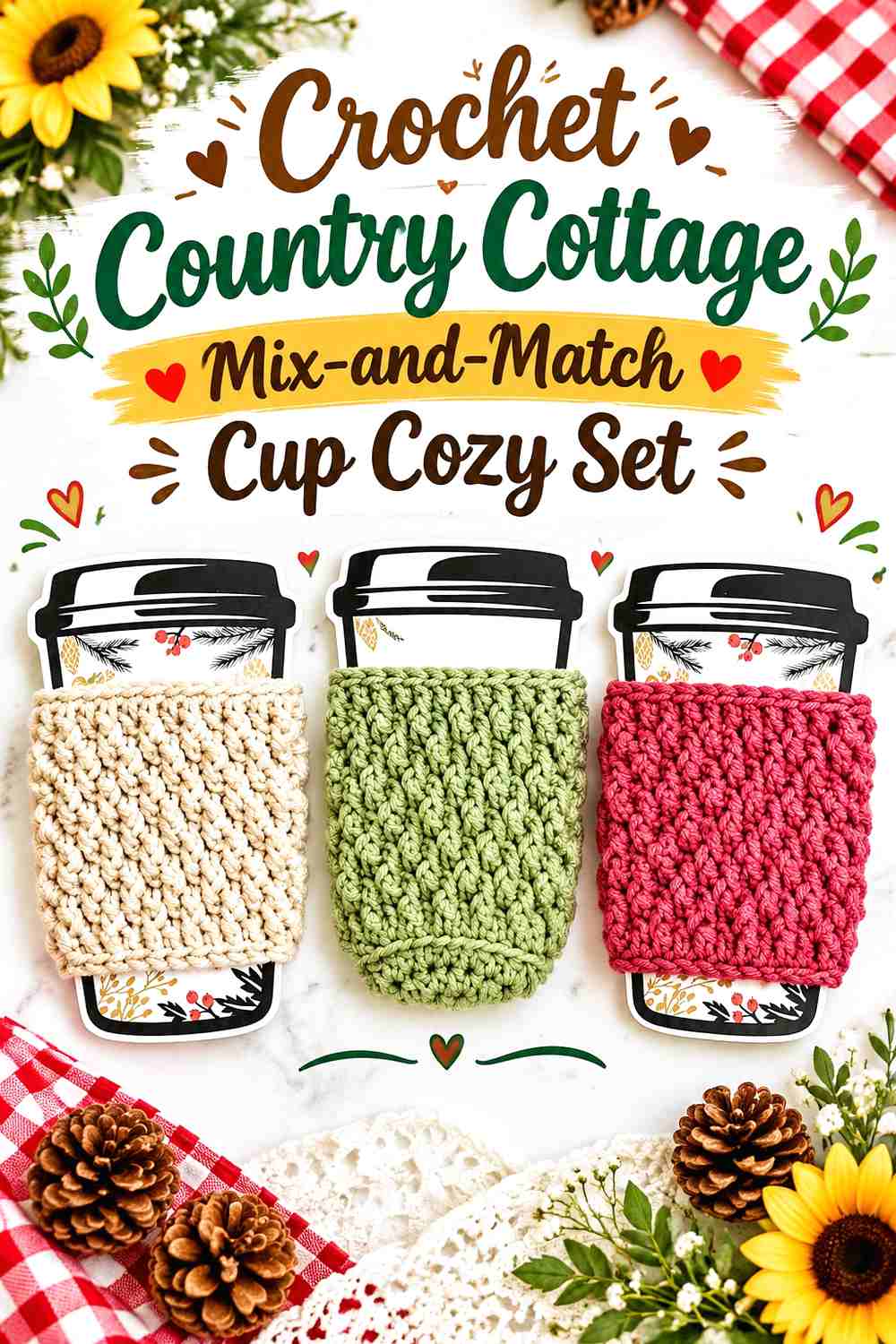 9. Crochet Country Cottage Mix-and-Match Cup Cozy Set