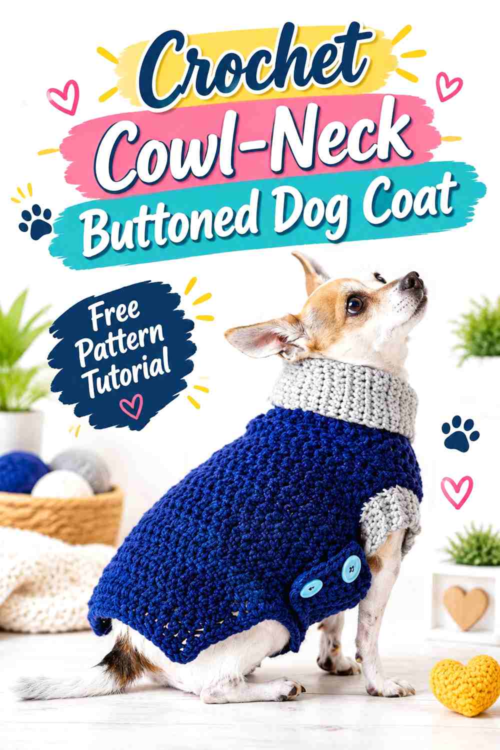 12. Crochet Cowl-Neck Buttoned Dog Coat