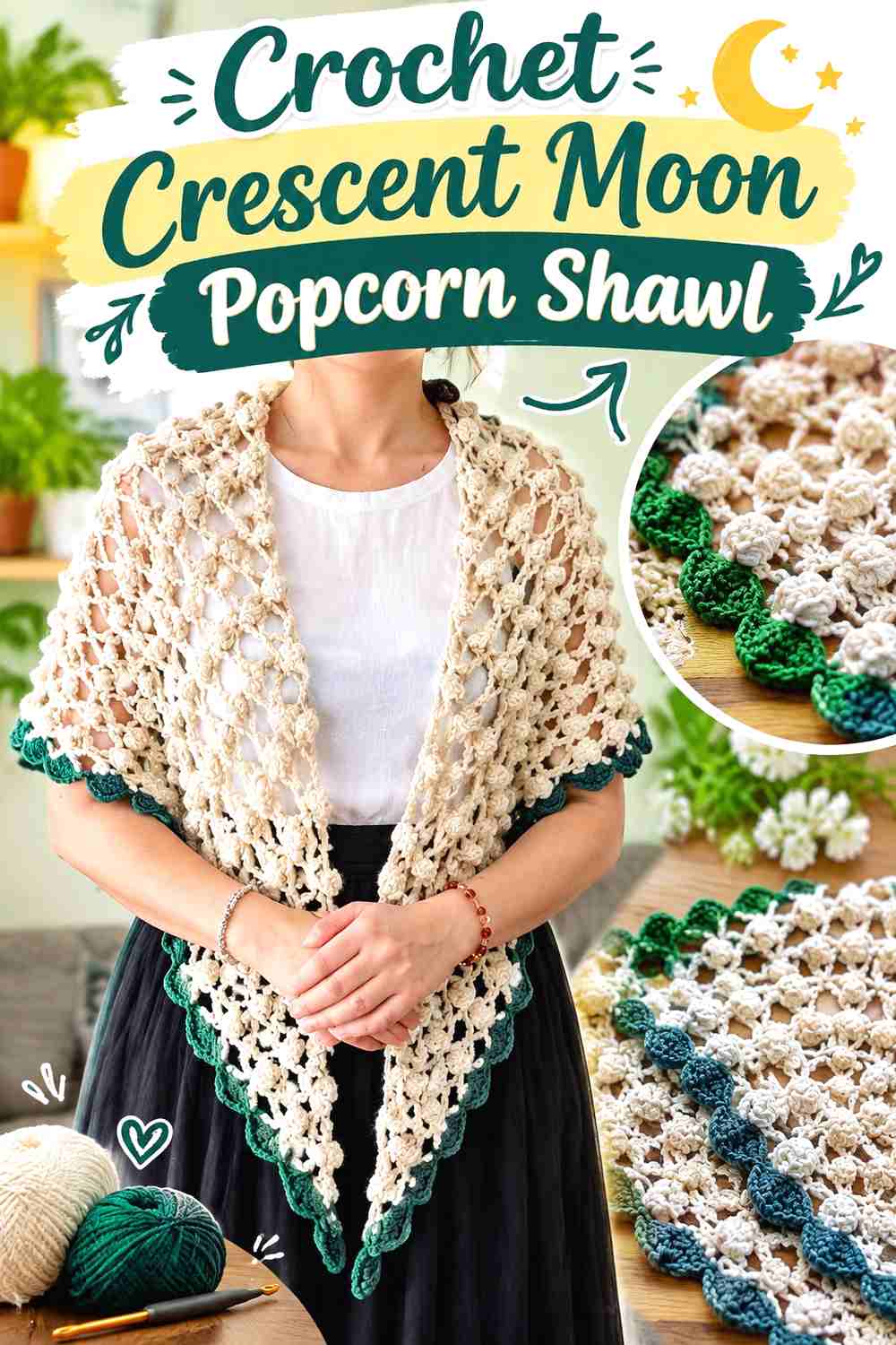 5. Crochet Crescent Moon Popcorn Shawl