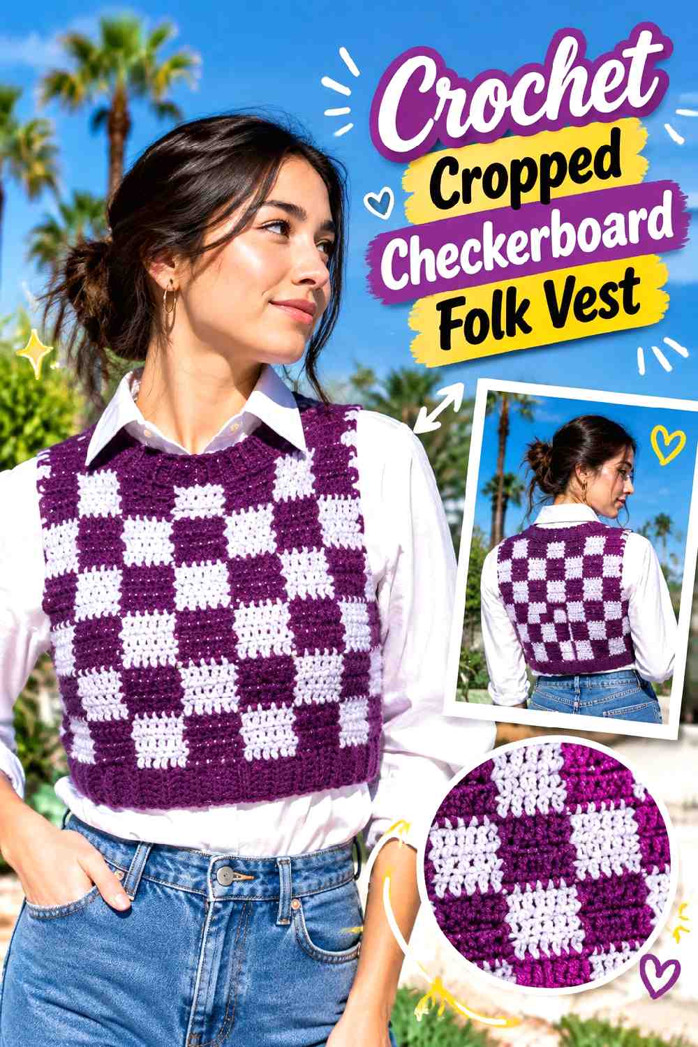 15. Crochet Cropped Checkerboard Folk Vest